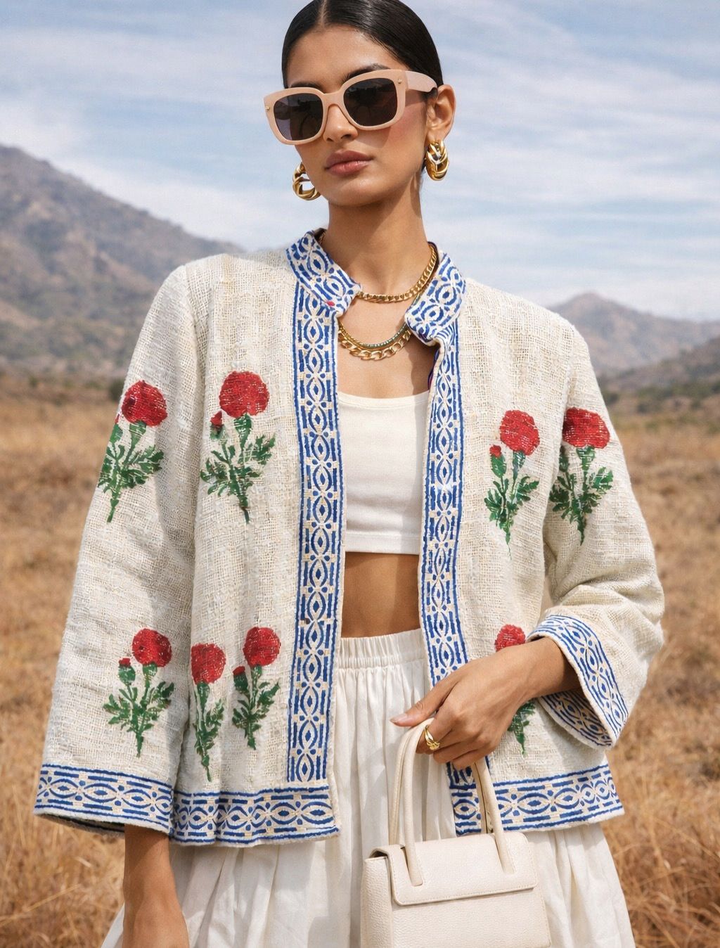 Red Marigold Block print Jacket