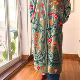 Velvet Embroidered Long Jacket –  Mint Green
