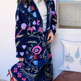 Velvet Embroidered Long Jacket – Blue