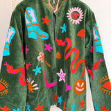 Velvet Embroidered Jacket – Olive Green