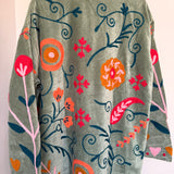 Velvet Embroidered Long Jacket –  Mint Green