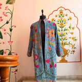 Blue Suzani Embroidered Long Velvet Jacket