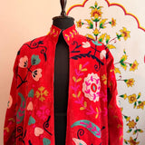 Red Suzani Embroidered Long Velvet Jacket