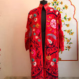 Red Suzani Embroidered Long Velvet Jacket