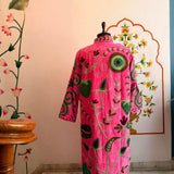 Pink Suzani Embroidered Long Velvet Jacket