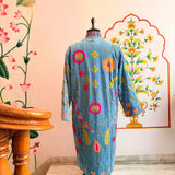 Blue Suzani Embroidered Long Velvet Jacket