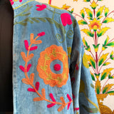 Blue Suzani Embroidered Long Velvet Jacket